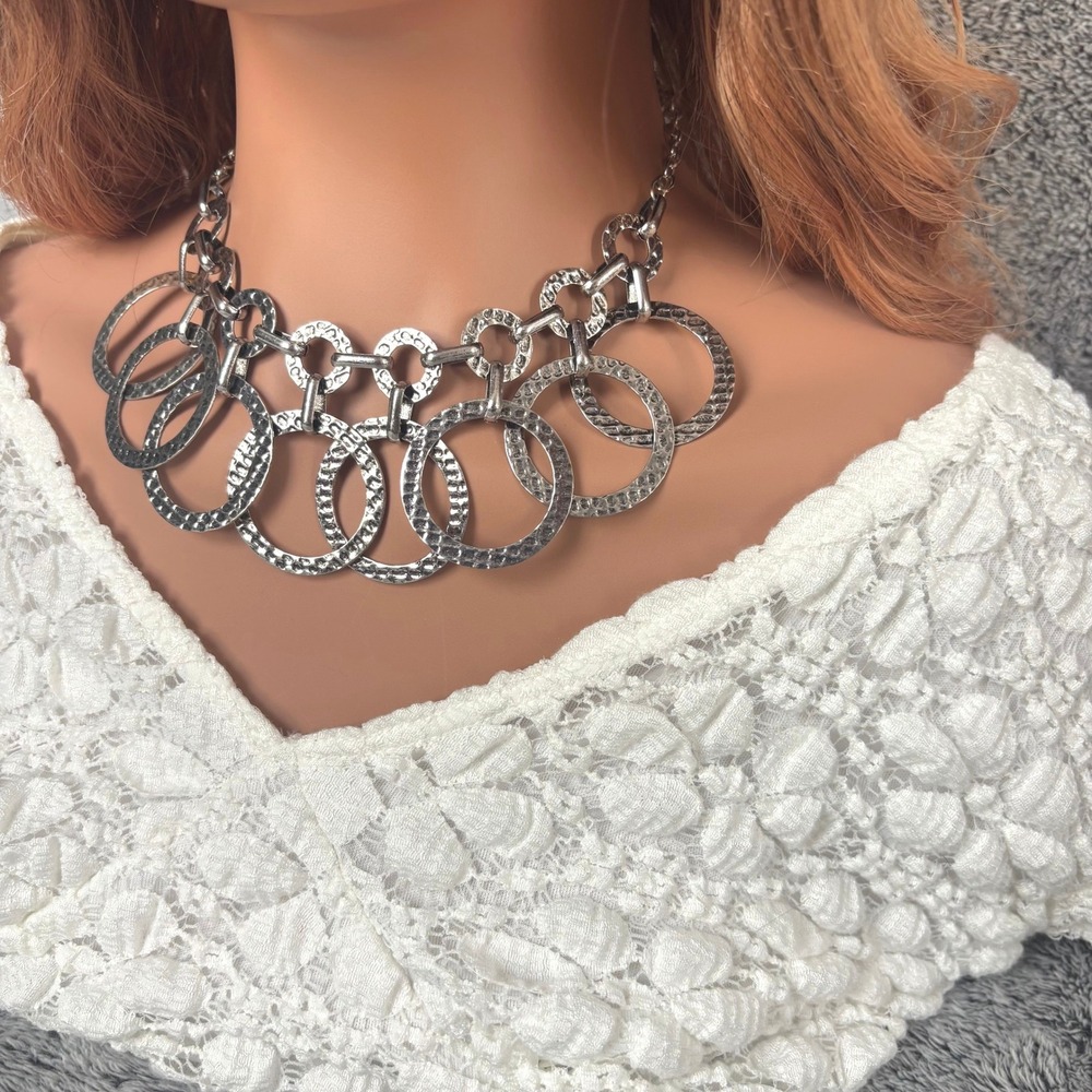 Cybergoth Necklace Silver Tone Hammered Circle Link Bib Boho Geometric 21903